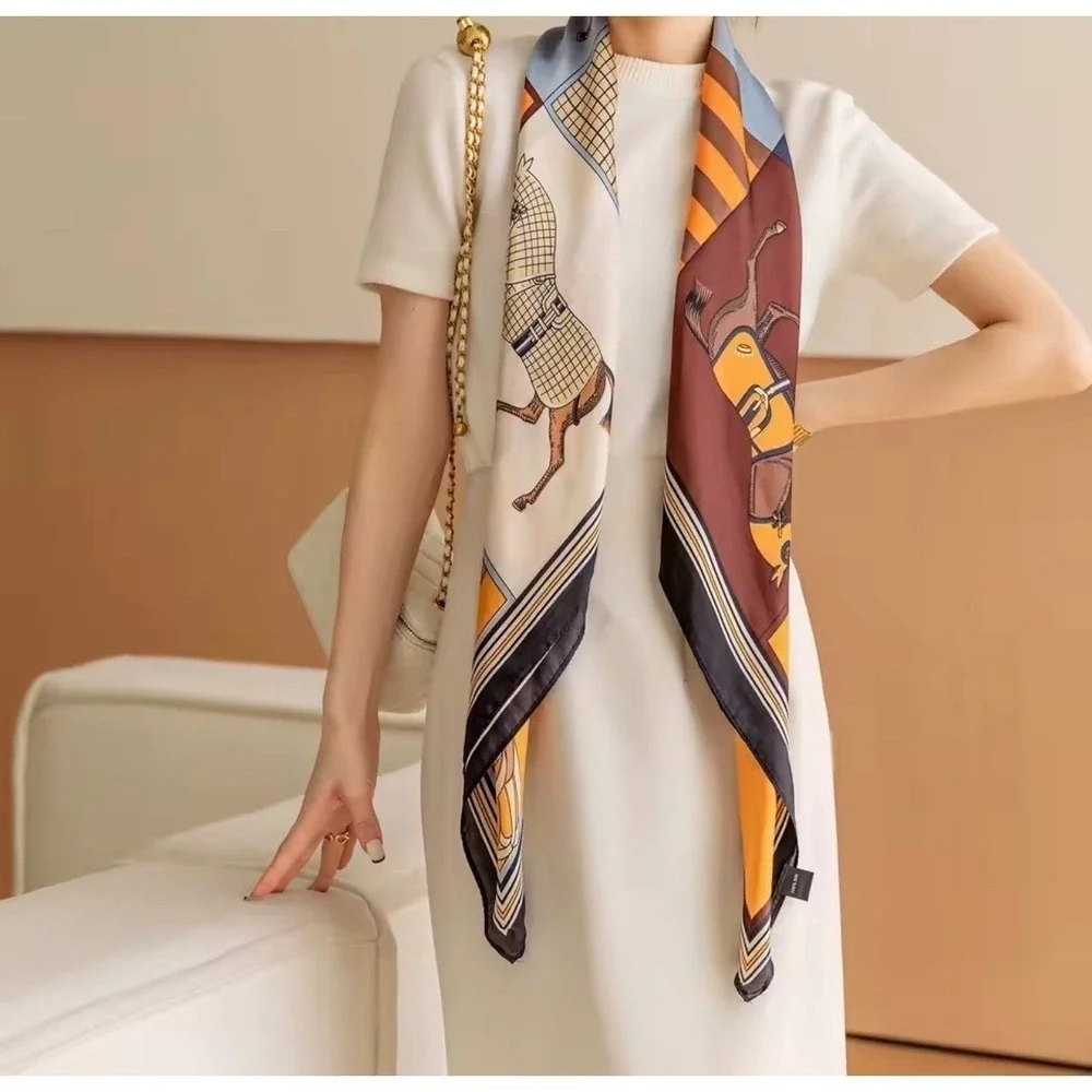 Women Equestrian Horse Patchwork Square Scarf Orange Brown Blue Satin Scarf NWT